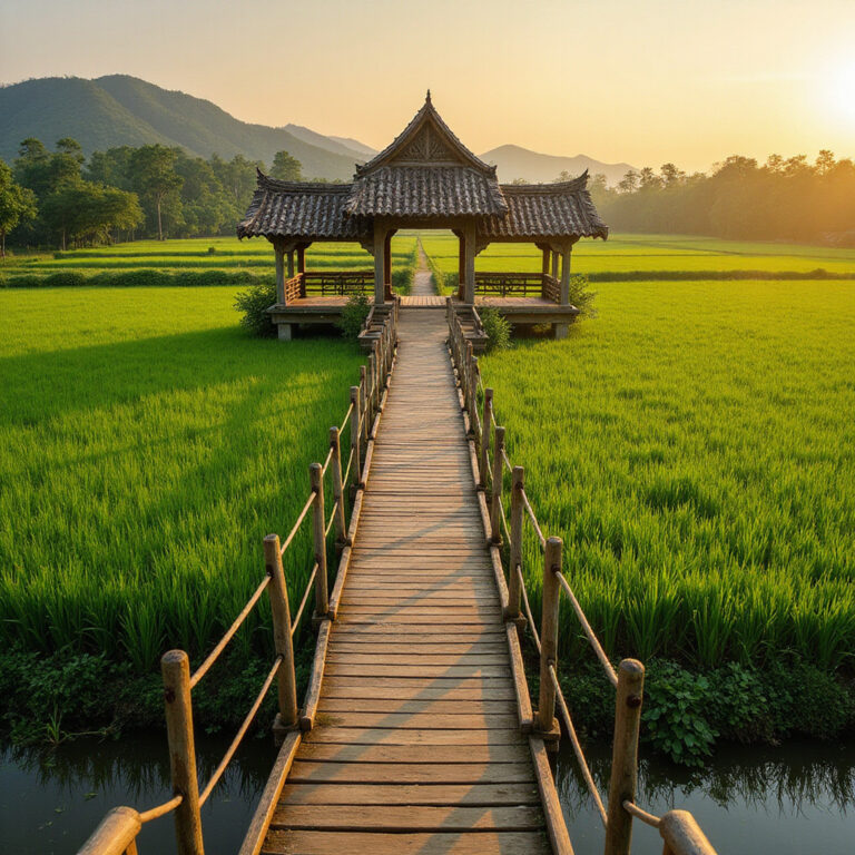 Drewniany most Thanh Toan wśród pól ryżowych, wietnamska architektura