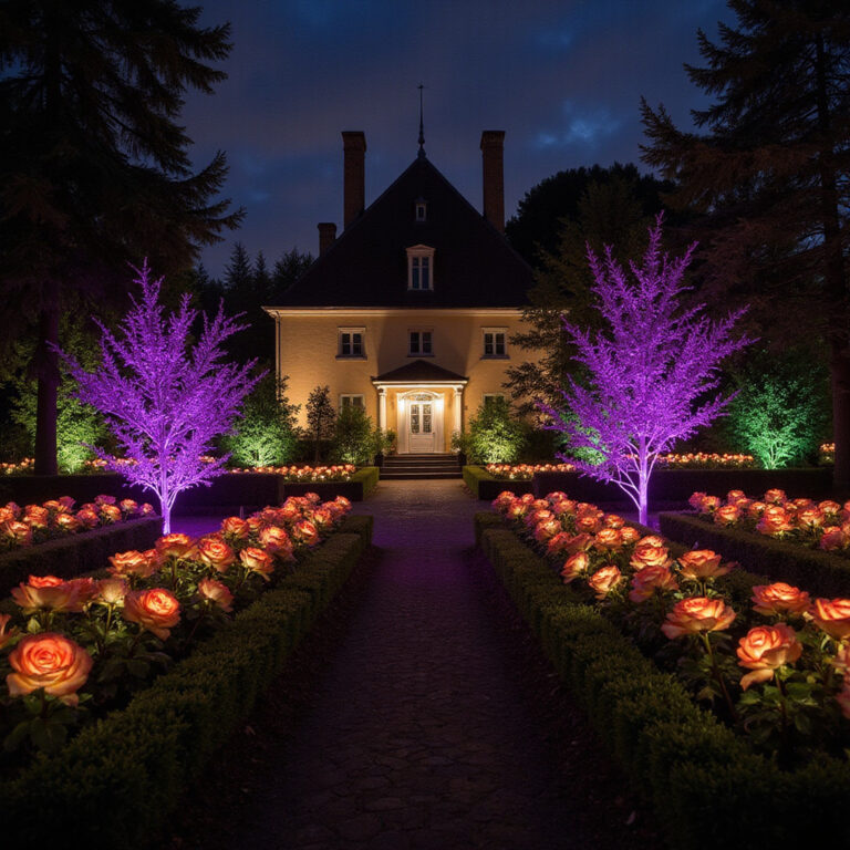 Nocne iluminacje w różanym ogrodzie podczas Festiwalu Róż w Czeskim Krumlovie, magiczna atmosfera