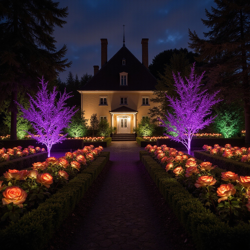 Nocne iluminacje w różanym ogrodzie podczas Festiwalu Róż w Czeskim Krumlovie, magiczna atmosfera