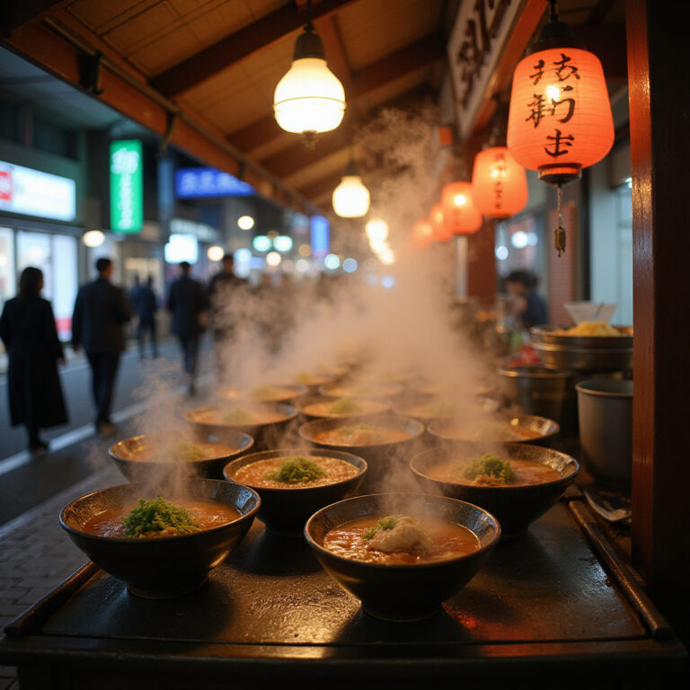 Tradycyjne yatai w Fukuoka nocą z parującymi miskami ramen