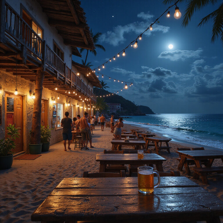 Playa Bonita nocą z widokiem na tawerny i bary