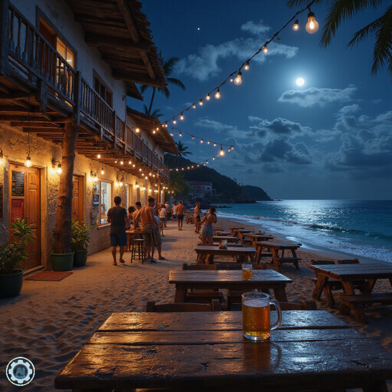 Playa Bonita nocą z widokiem na tawerny i bary
