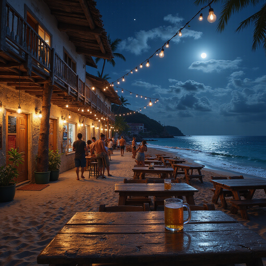 Playa Bonita nocą z widokiem na tawerny i bary