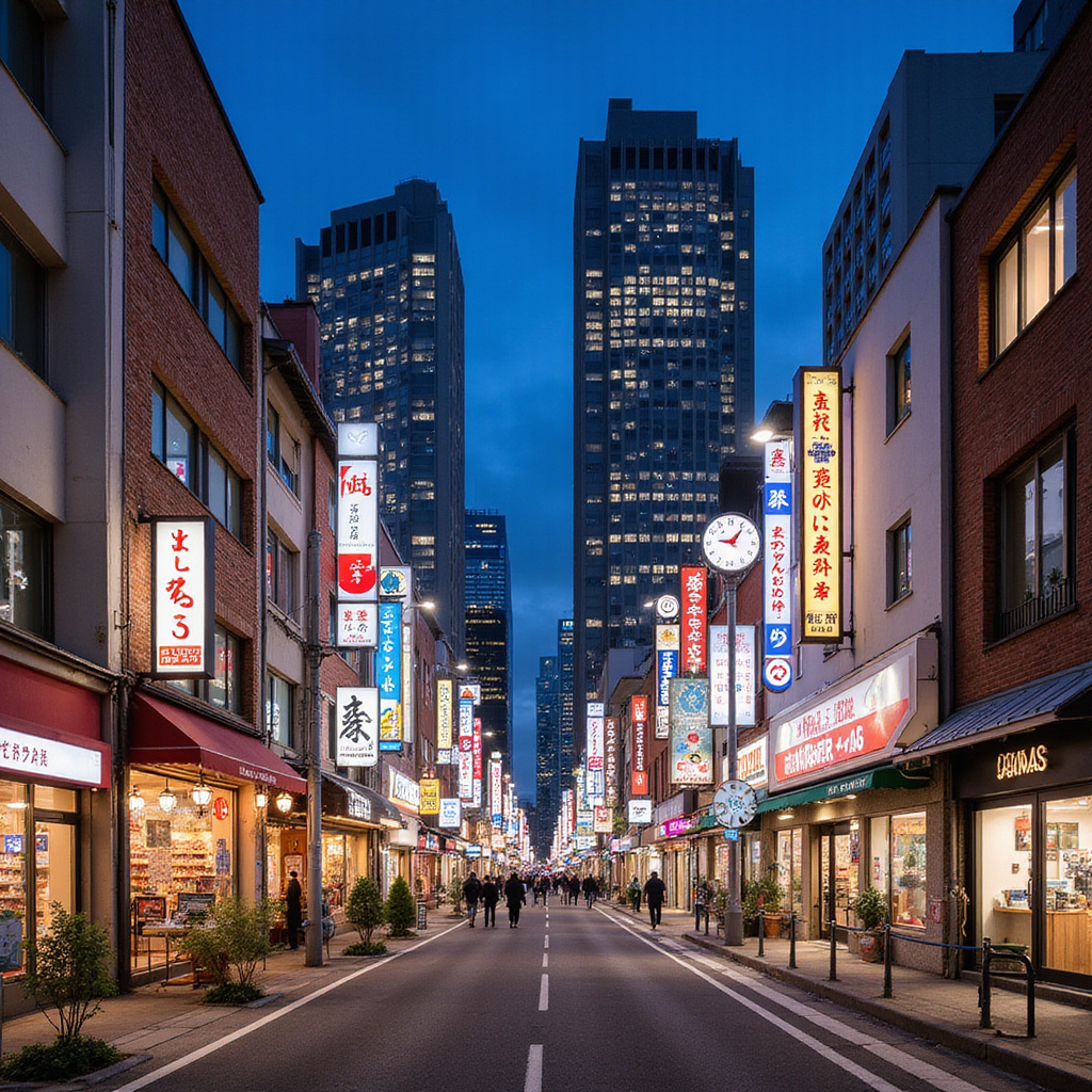 Ulica w Nagoi z widokiem na nowoczesne wieżowce i tradycyjne sklepy