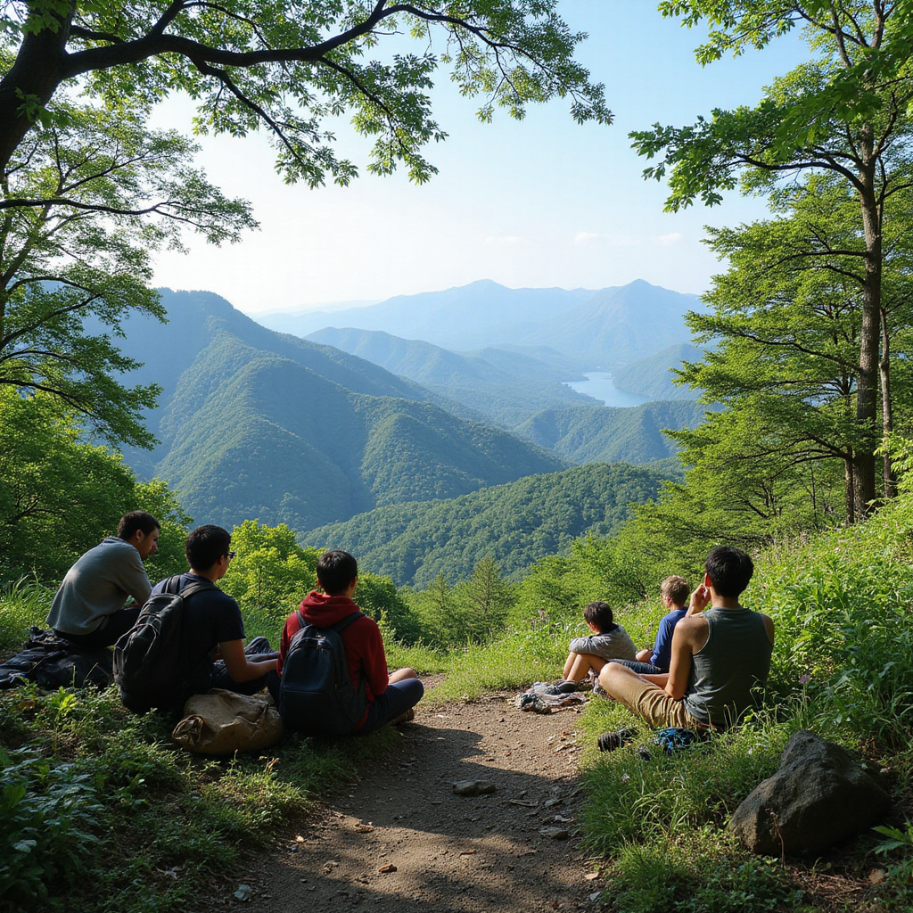 Grupa turystów odpoczywająca na szlaku w Górach Rokko