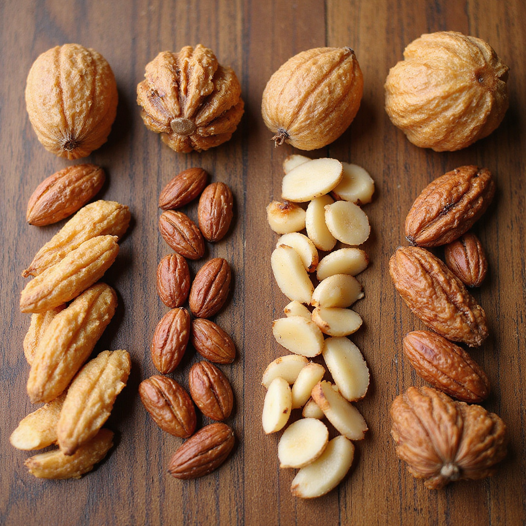 Porównanie różnych rodzajów orzechów używanych w baklavie na drewnianym stole