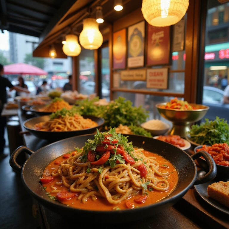 Pad Thai na ulicy w Bangkoku z kolorowymi dodatkami i aromatycznymi przyprawami