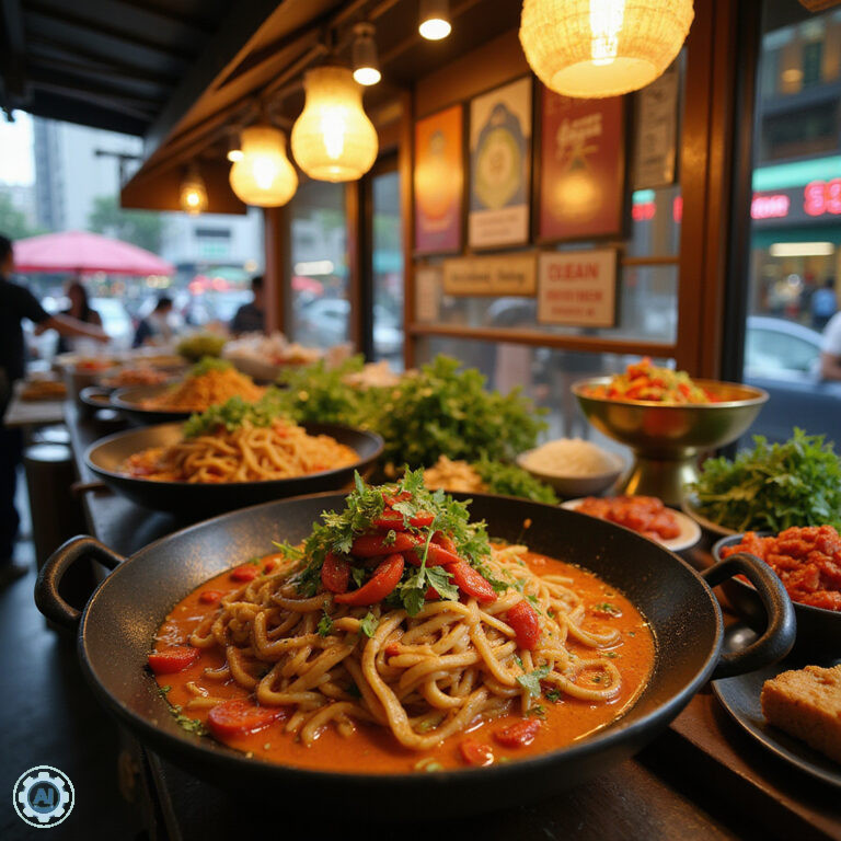 Pad Thai na ulicy w Bangkoku z kolorowymi dodatkami i aromatycznymi przyprawami