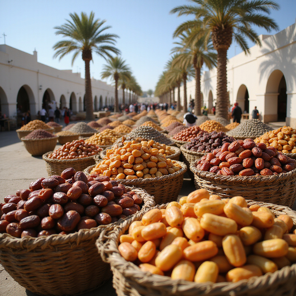 Palmy daktylowe na targu w Djerbie – słoneczna sceneria i lokalna atmosfera