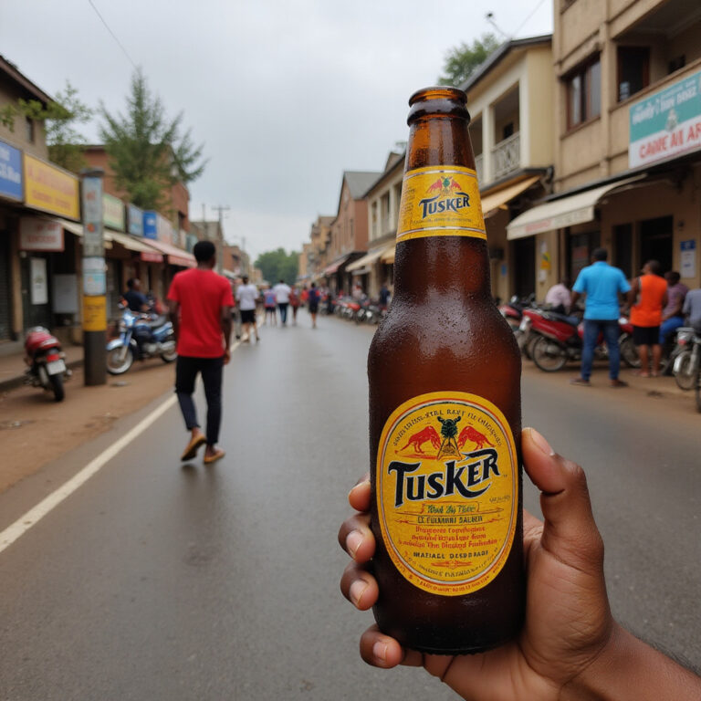 Tradycyjne kenijskie piwo Tusker na tle ulicy w Nairobi