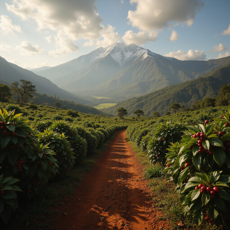 Plantacja kenijskiej kawy z widokiem na góry w tle