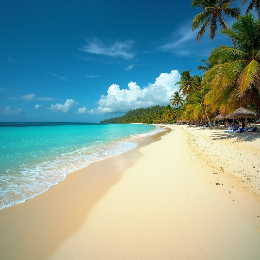 Złocista plaża Bavaro w Punta Cana z palmami i turkusową wodą