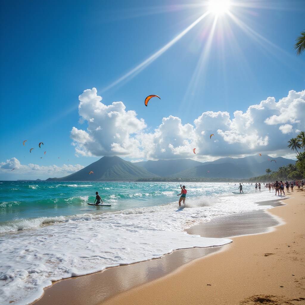Plaża w Cabarete z turystami uprawiającymi kitesurfing, słoneczna pogoda i błękitne morze