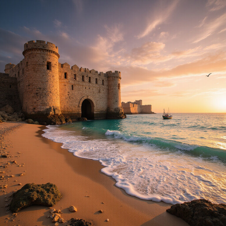 Plaża La Caleta w Kadyksie z widokiem na historyczne fortyfikacje i błękitne wody Atlantyku