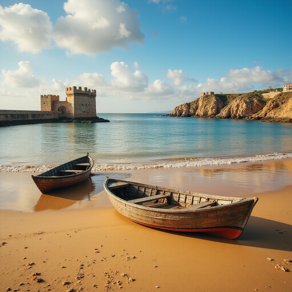 Widok na plażę La Caleta z zamkami w tle