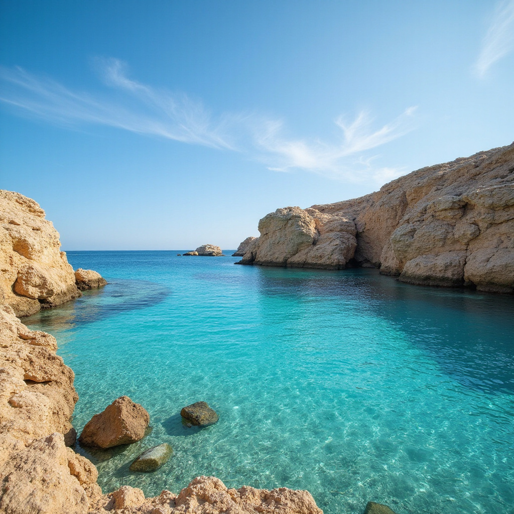 Spokojna plaża na Comino z turkusową wodą i skalistym wybrzeżem