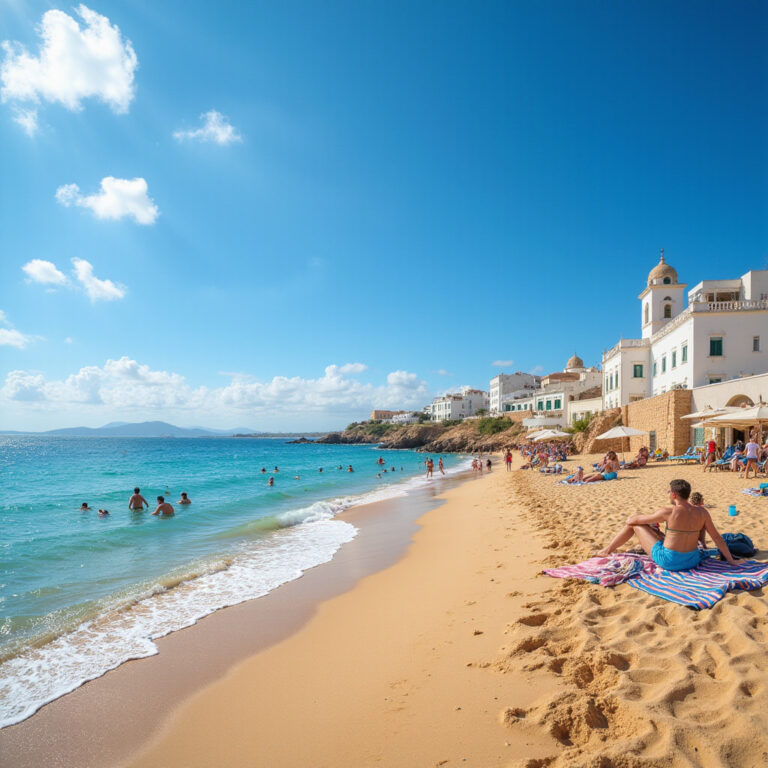 Plaża w Monastyrze z turystami opalającymi się w słońcu - idealna pogoda i wakacje
