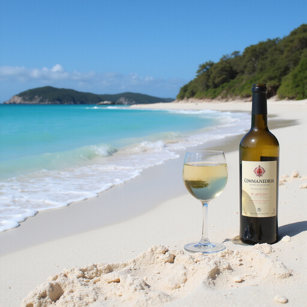 Plaża z białym piaskiem i turkusową wodą, idealna na wakacje z winem Commandaria