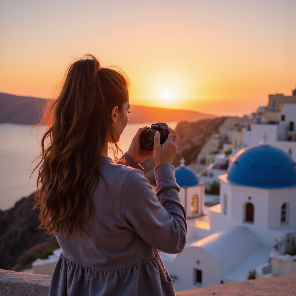 Kobieta fotografująca zachód słońca nad Santorini, podróż artystyczna