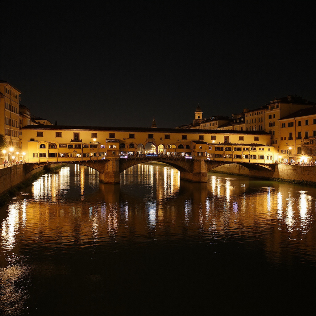 Ponte Vecchio nocą, oświetlony świątecznymi lampkami, odbijający się w wodach rzeki Arno