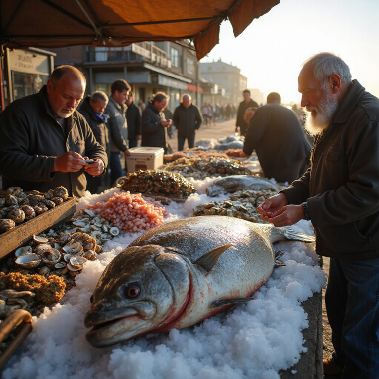 Poranny targ rybny w Termach z dorszem termajskim i świeżymi owocami morza
