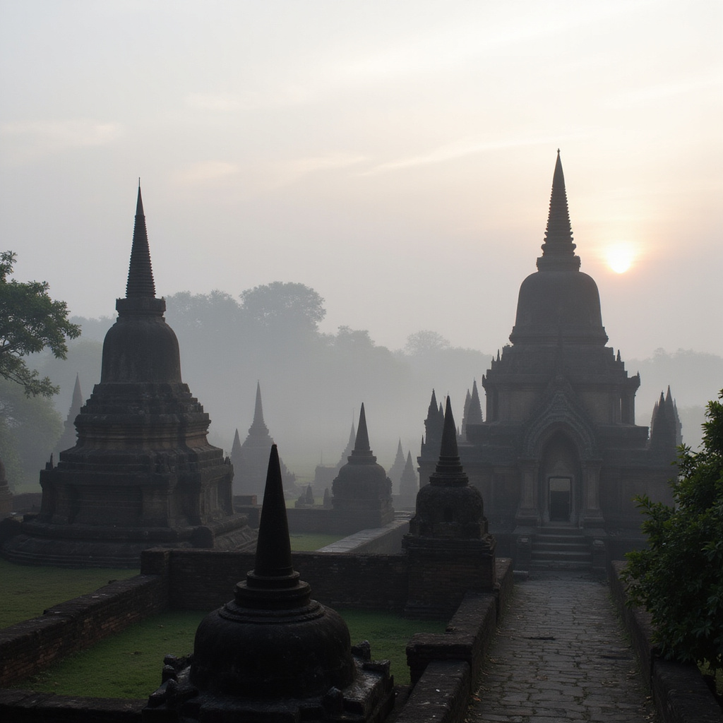 Widok na starożytne ruiny Sukhothai o poranku z mgłą unoszącą się nad stupami