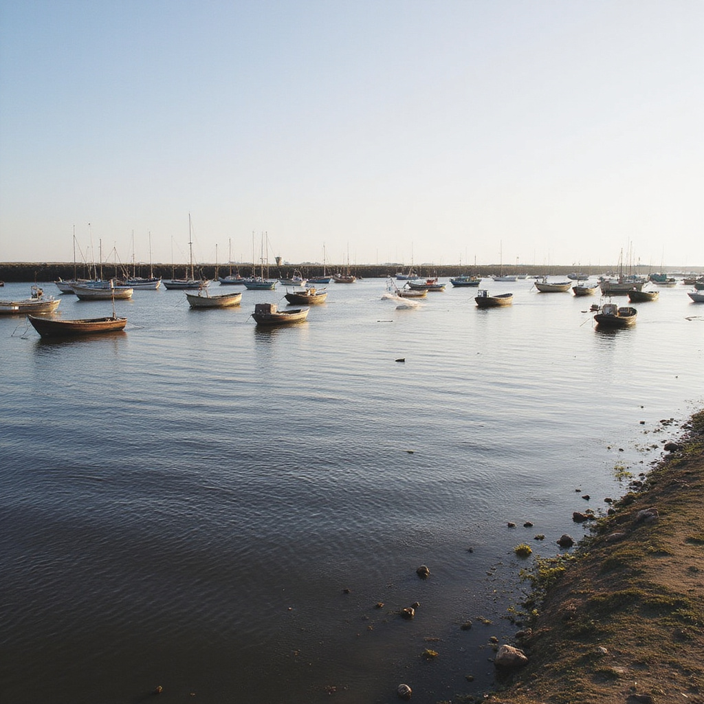 Port rybacki w Jurmali o poranku z kutrami i sieciami rybackimi