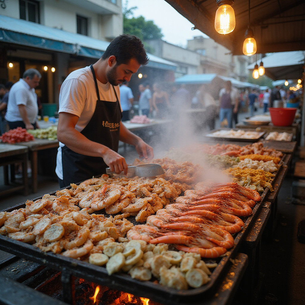 Lokalny sprzedawca przygotowujący owoce morza na grillu