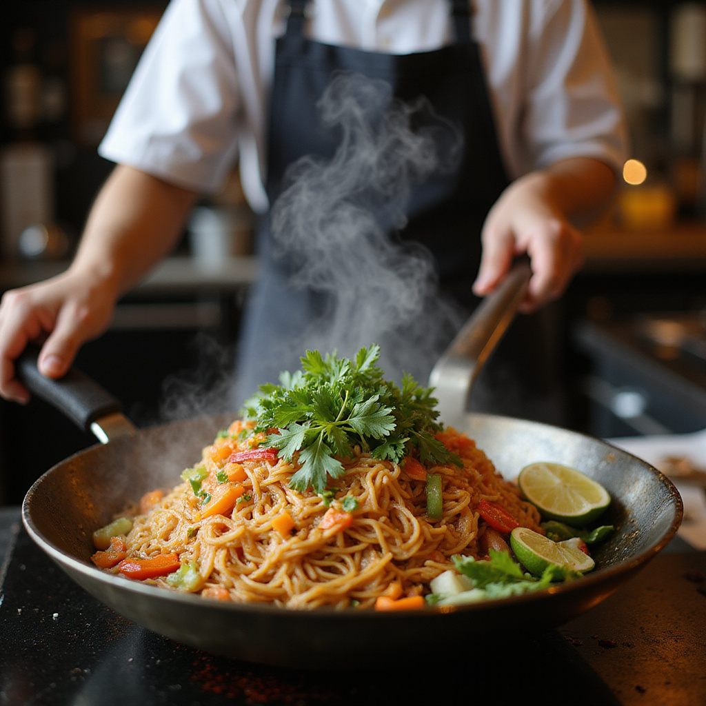 Tajski kucharz przygotowujący Pad Thai w tradycyjnym woku z dymem unoszącym się nad patelnią