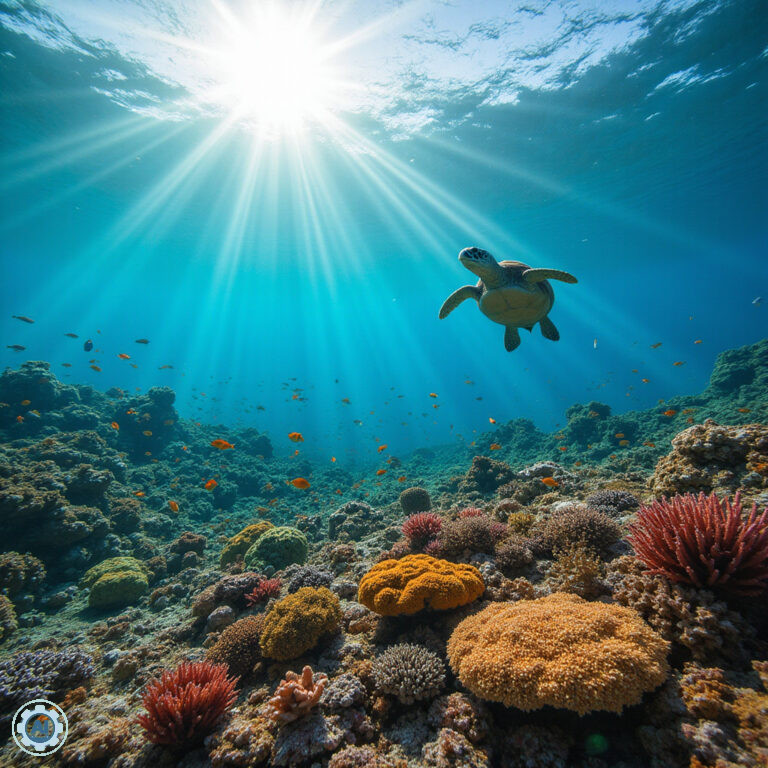 Rafa koralowa w Malindi Marine Park z kolorowymi rybami i żółwiami morskimi