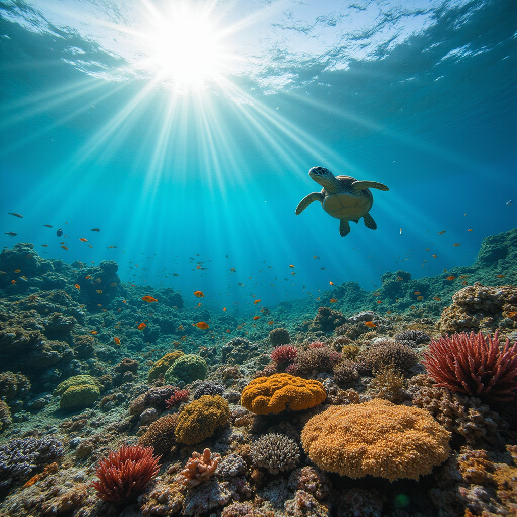 Rafa koralowa w Malindi Marine Park z kolorowymi rybami i żółwiami morskimi