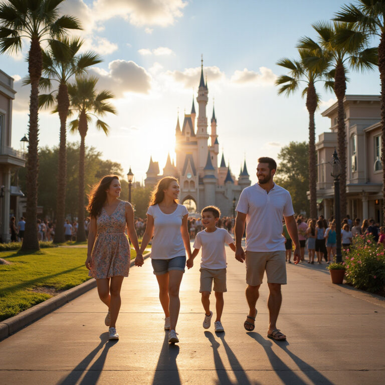 Rodzina na ulicy w Orlando z widokiem na park rozrywki, radosna atmosfera, wakacje