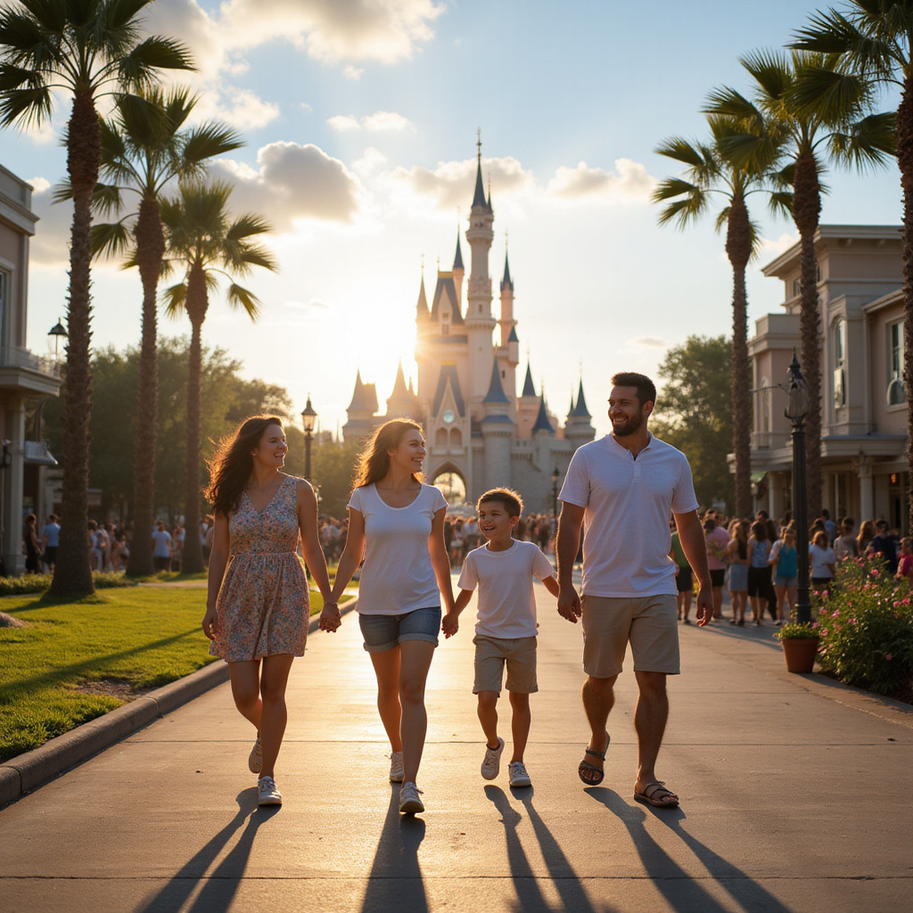 Rodzina na ulicy w Orlando z widokiem na park rozrywki, radosna atmosfera, wakacje