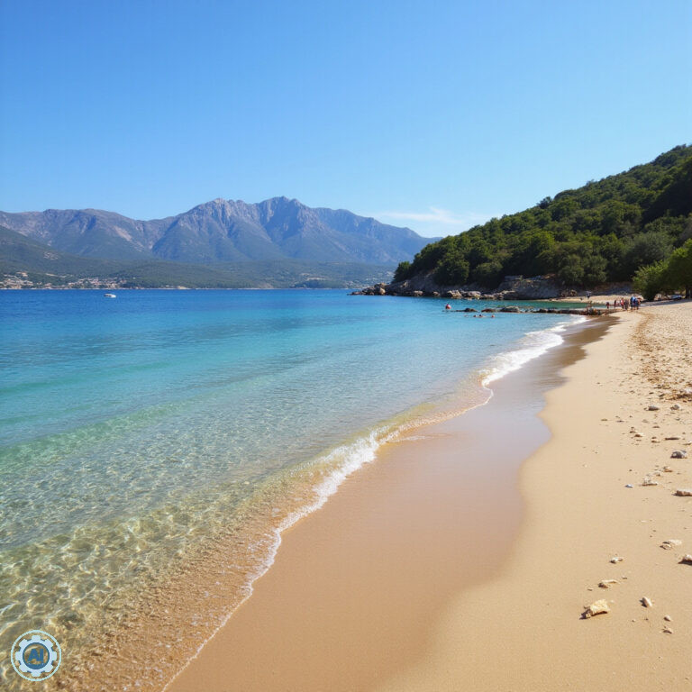 Rodzinna plaża na Korčuli z płytką wodą i widokiem na góry
