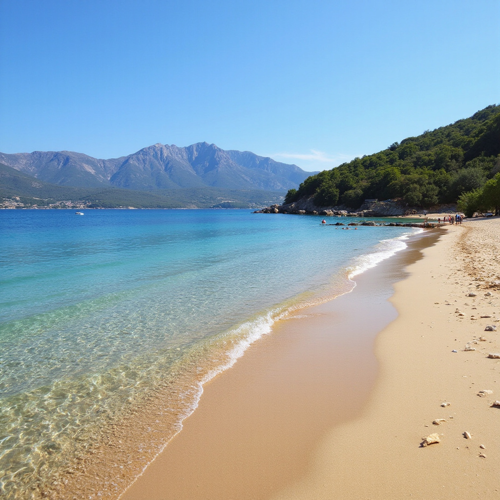 Rodzinna plaża na Korčuli z płytką wodą i widokiem na góry