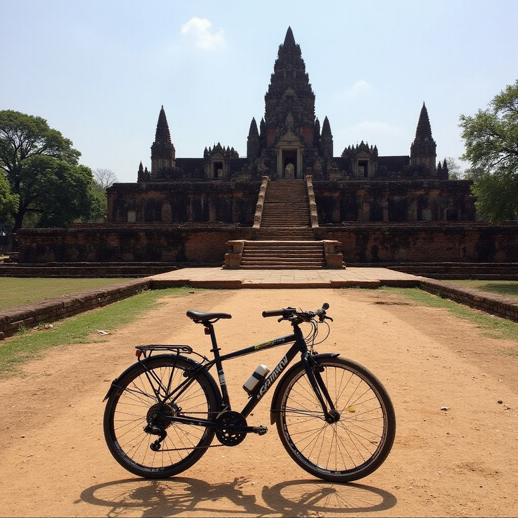 Rower przy ruinach świątyni w Ayutthaya, zwiedzanie starożytnego miasta