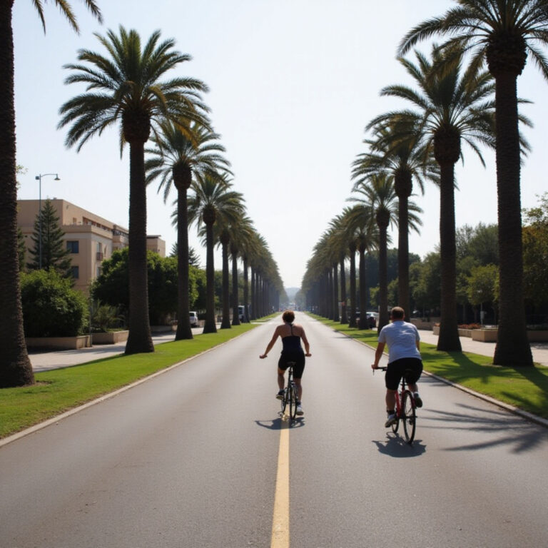 Rowerzysta na tle palmowej alei w Palmie - idealna trasa rowerowa dla miłośników przygód