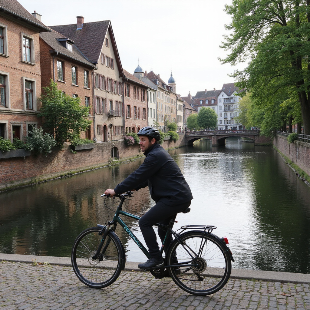 Rowerzysta na tle malowniczych kanałów w Strasburgu, alzackie krajobrazy
