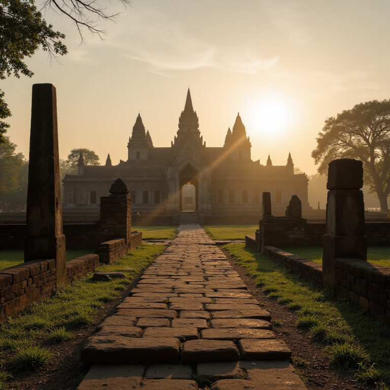 ruiny świątyń Sukhothai w porannym słońcu, starożytna Tajlandia