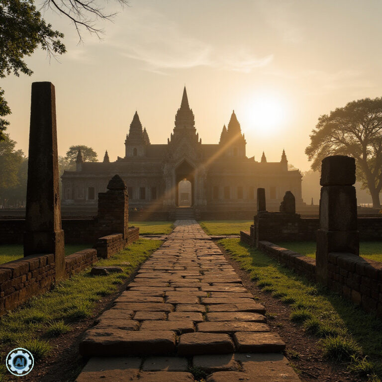 ruiny świątyń Sukhothai w porannym słońcu, starożytna Tajlandia