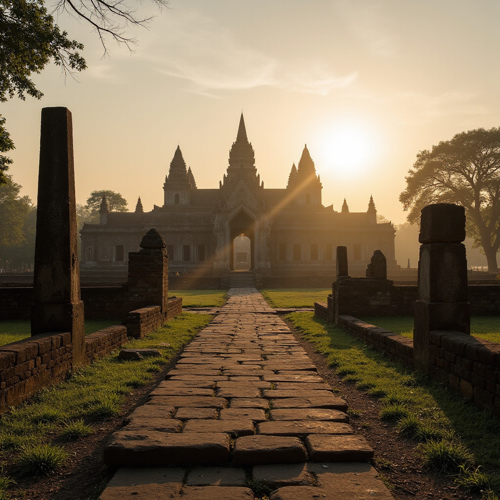ruiny świątyń Sukhothai w porannym słońcu, starożytna Tajlandia