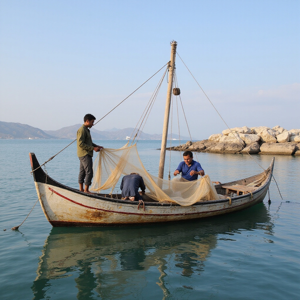 Rybacy naprawiający sieci przy tradycyjnej łodzi luzzu