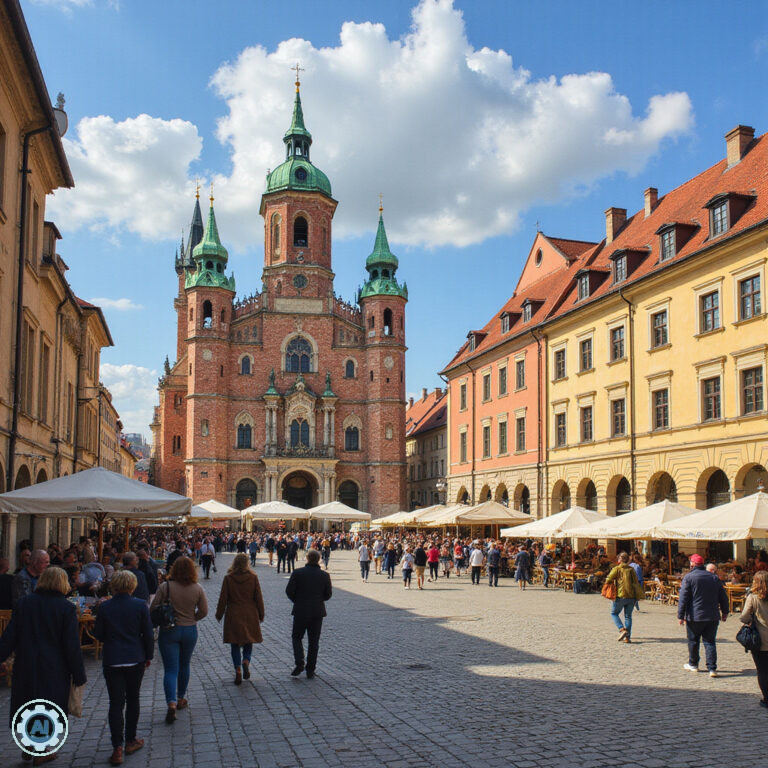 Rynek Główny w Krakowie z Sukiennicami i Kościołem Mariackim, historyczne centrum miasta