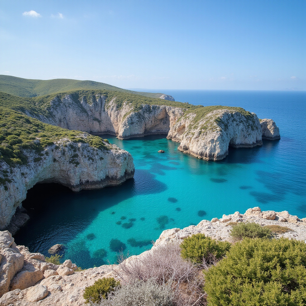 Widok na skaliste wybrzeże Wysp Frioul z turkusową wodą w tle