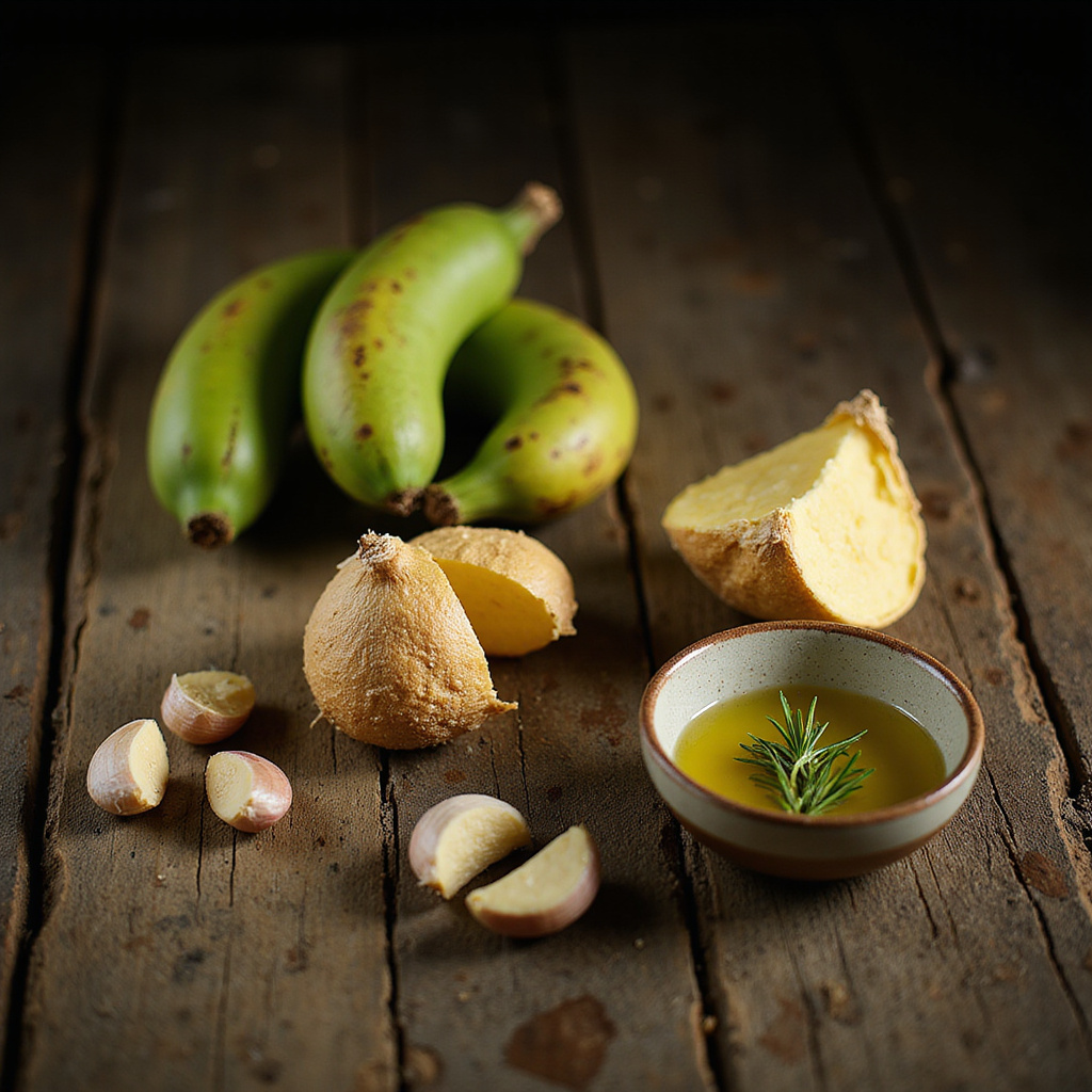 Składniki do przygotowania mofongo: plantany, czosnek, oliwa