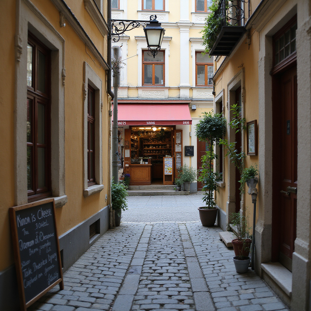 Uliczka w Rydze z lokalnym sklepem serowarskim w tle