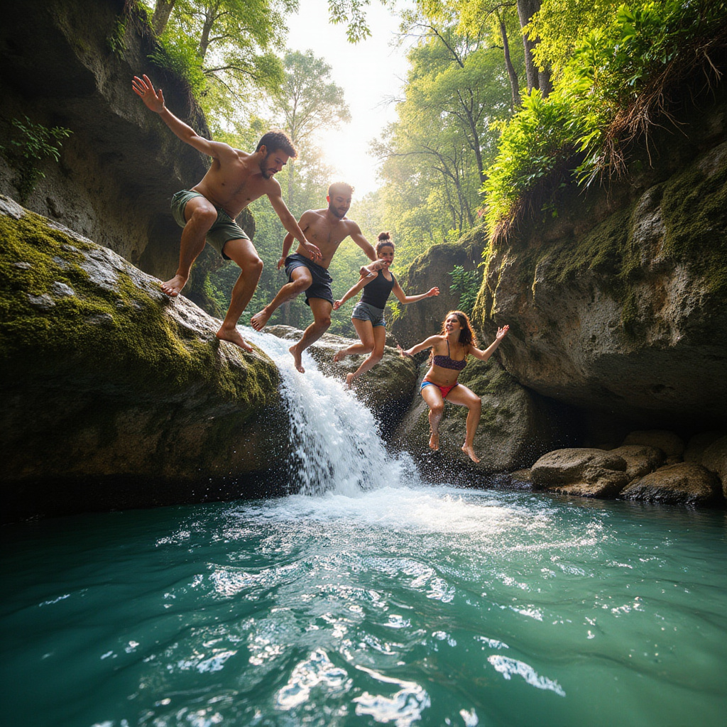 Turyści skaczący z kaskady w naturalnym parku wodnym Damajagua, Dominikana