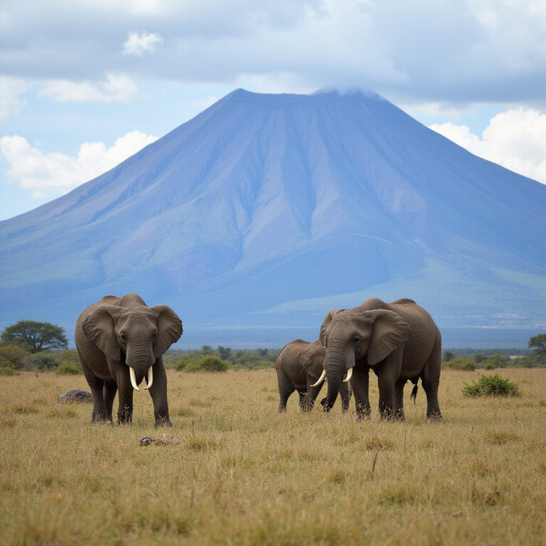 Safari w Kenii - widok na słonie na tle Kilimandżaro, dzika przyroda, park narodowy