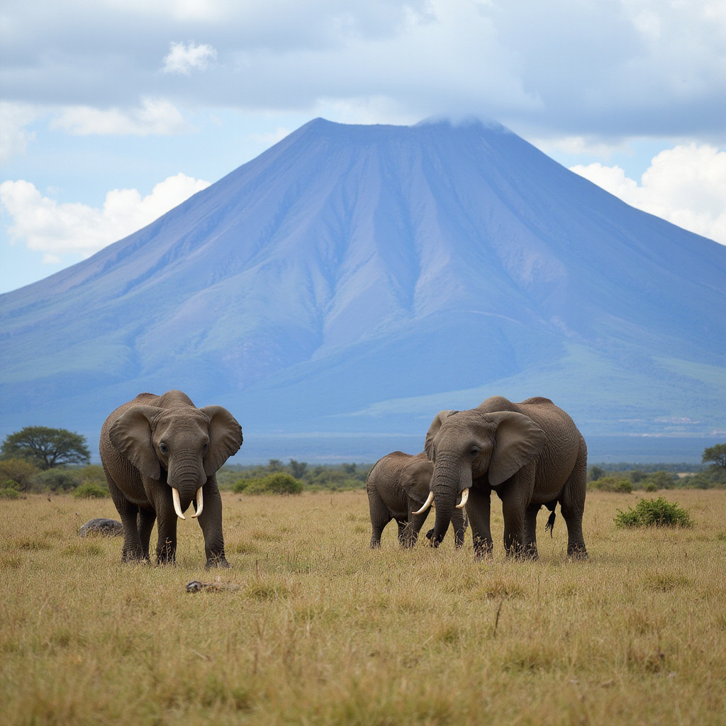 Safari w Kenii - widok na słonie na tle Kilimandżaro, dzika przyroda, park narodowy