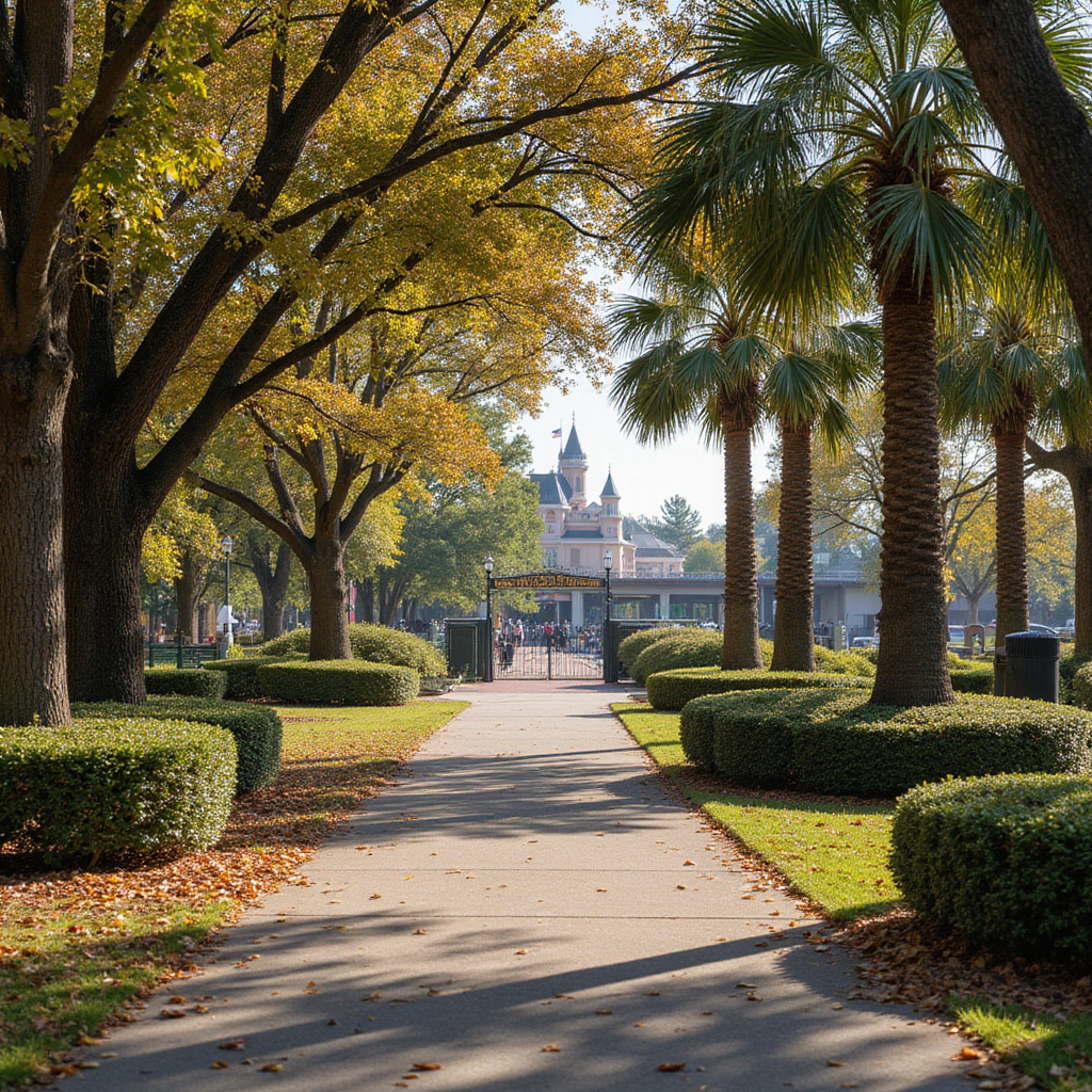 Spacer jesienią w Orlando - alejka w cieniu palm z widokiem na park rozrywki